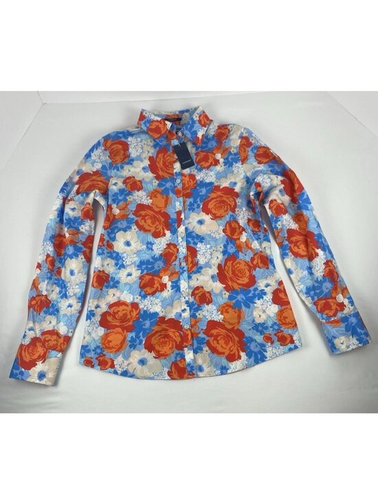 Lands' End Tops - Lands End Size 2 No Iron Supima Cotton Blue Tangerine Zest Floral Button-Up Top